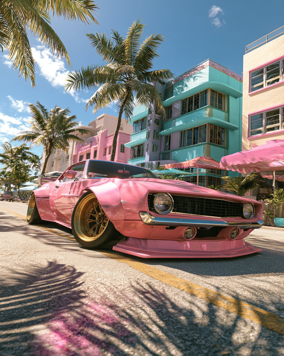 Pink classic muscle car with tuner stance and gold wheels under palm trees