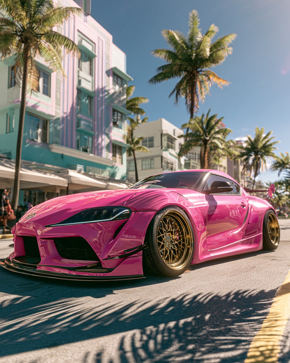 Hot pink wide-arch coupe with gold wheels in front of pastel deco buildings