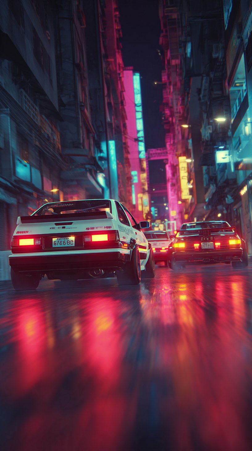 White hatchback coupe leading a convoy down a narrow neon alley