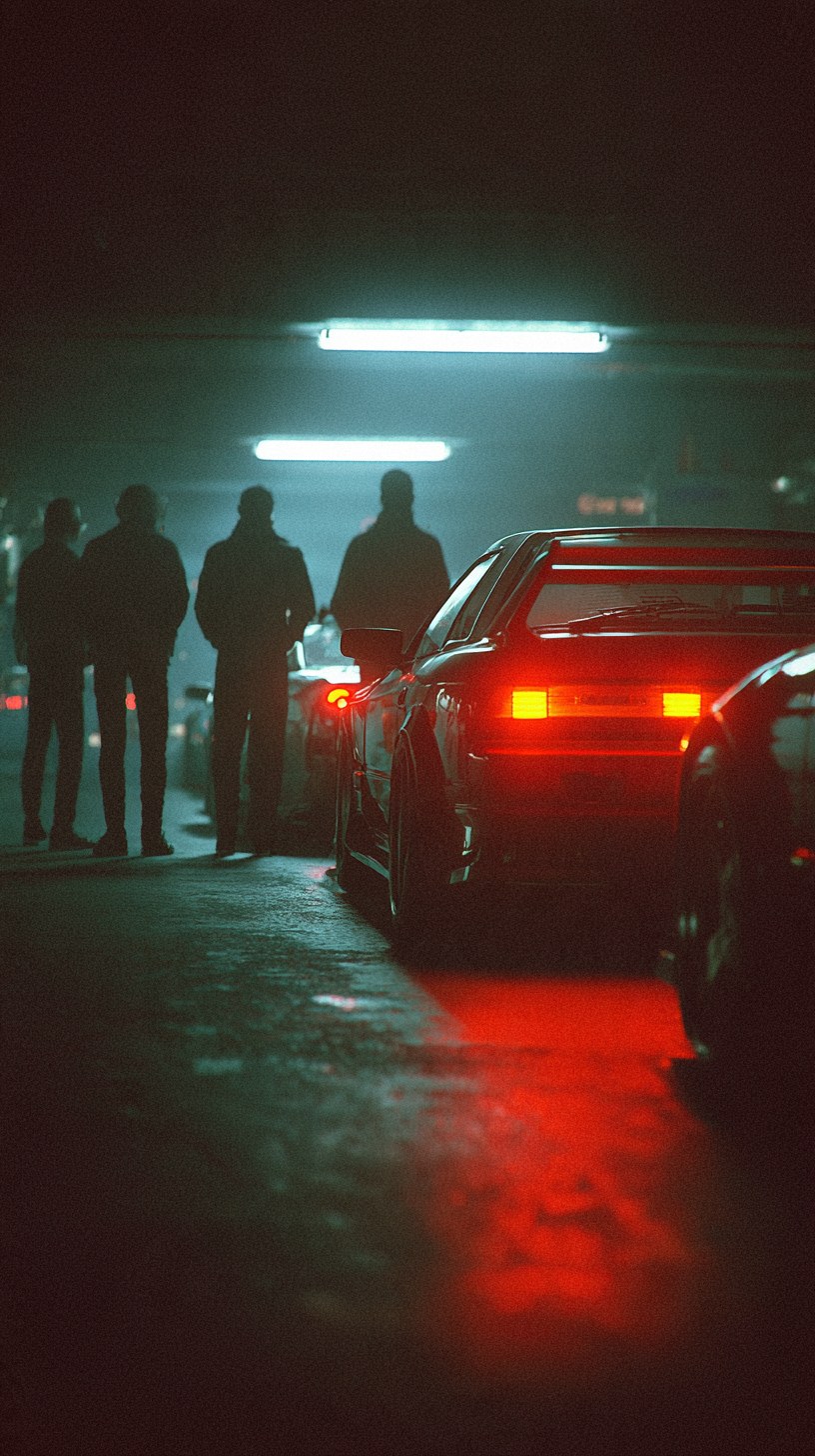 Silhouetted figures beside a car in a dim parking garage