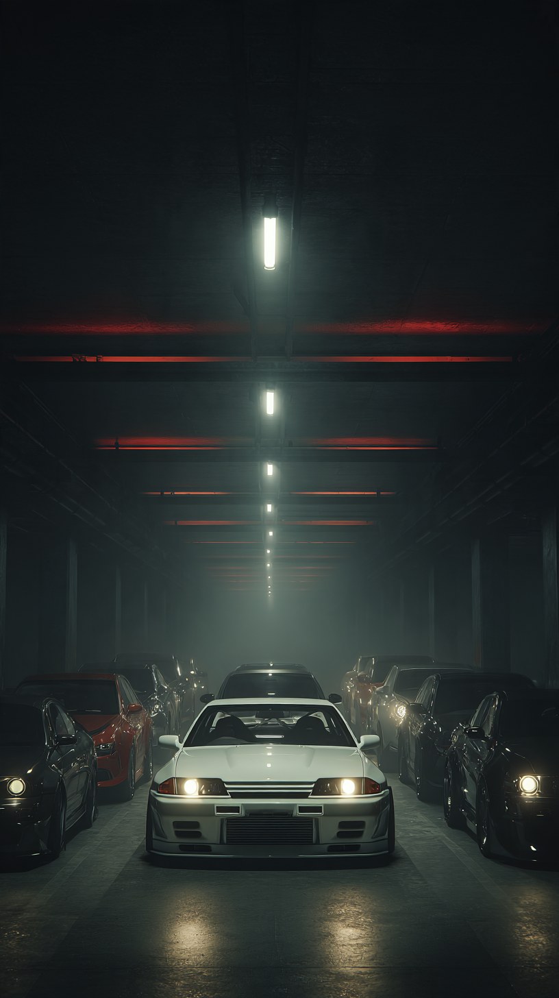 White sports sedan centered in a garage lineup with red light strips