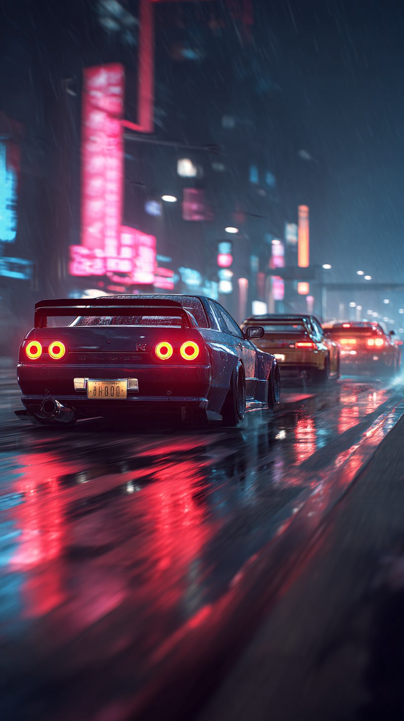 Lowered coupe with quad round tail-lights on a wet city road
