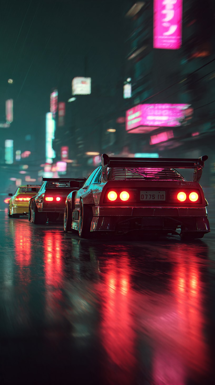 Widebody coupe with a tall wing leading a convoy through rain and neon