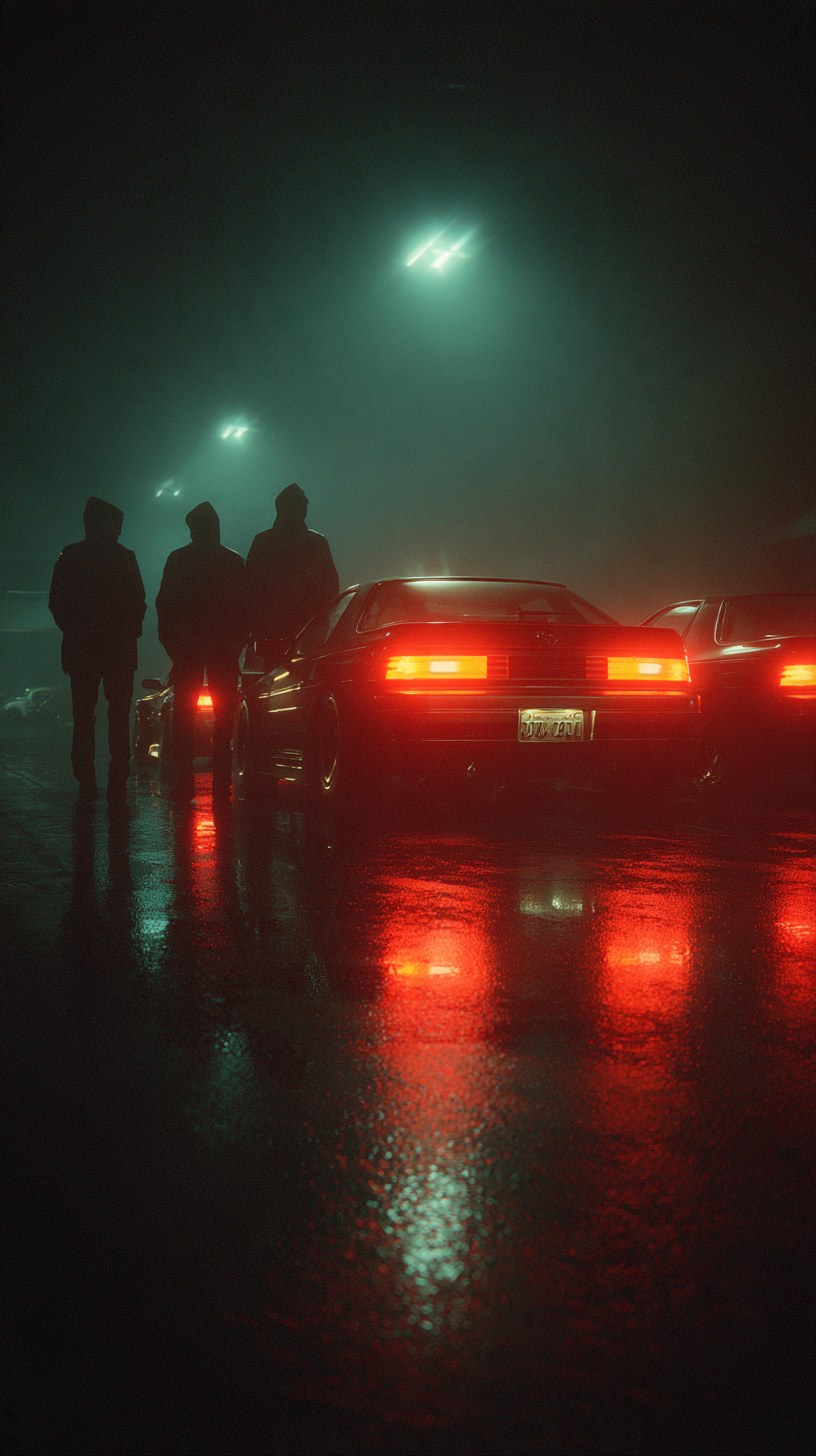 Three hooded figures beside a car with red tail-lights in fog