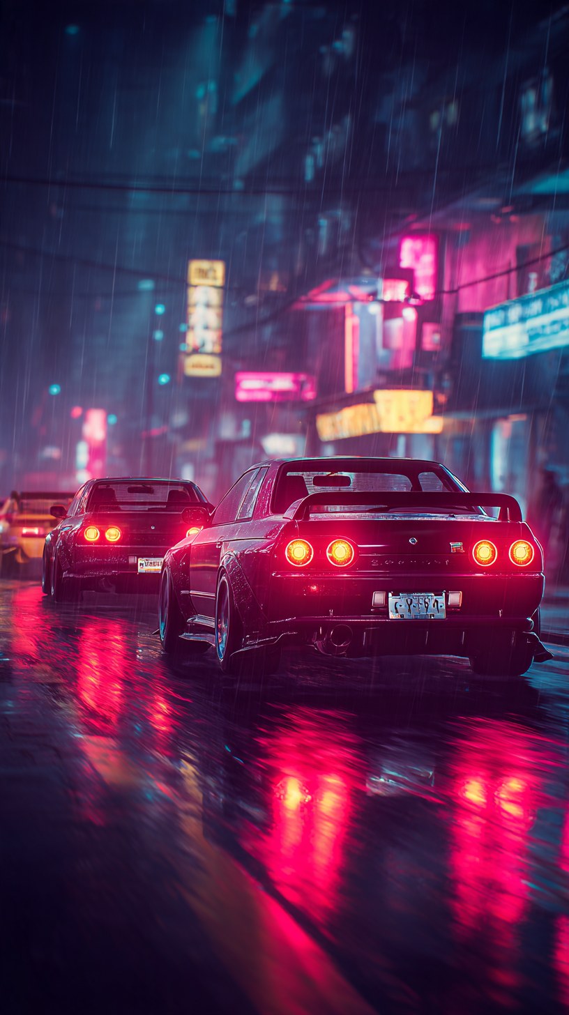 Two sports coupes with round tail-lights on a rainy neon street