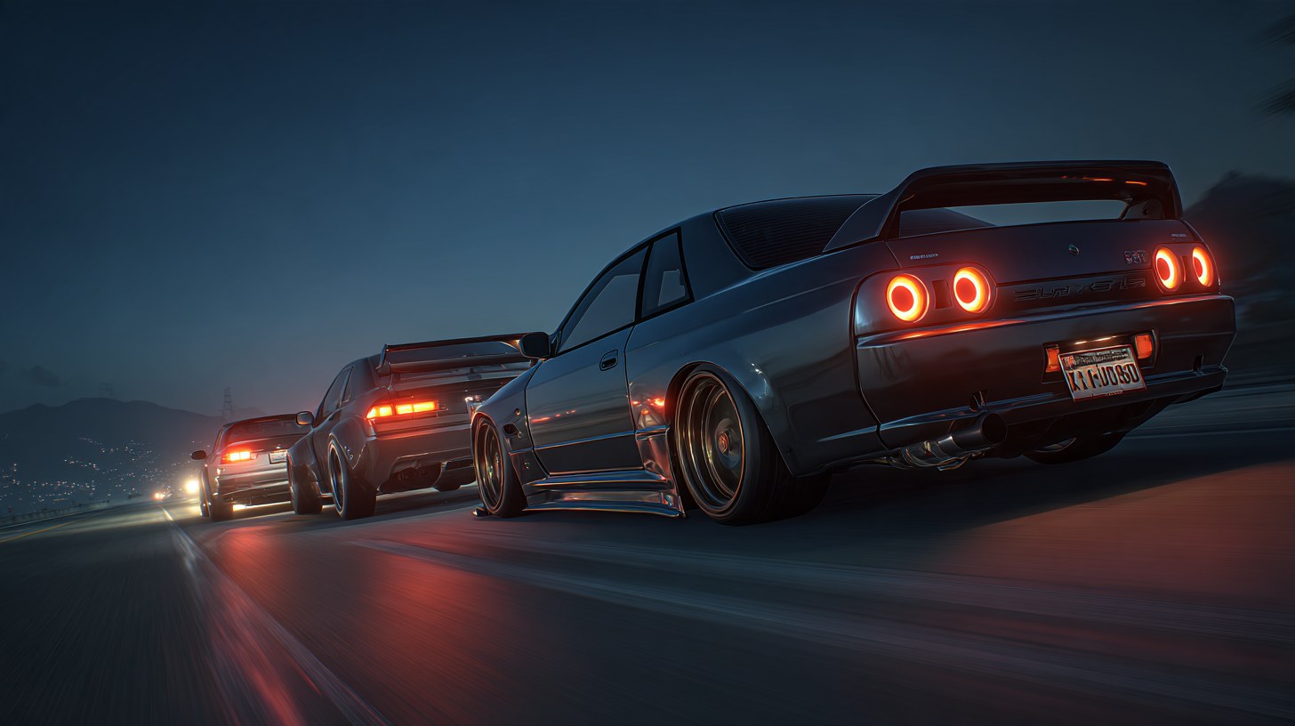 Dark sports coupe with round tail-lights leading a convoy at dusk