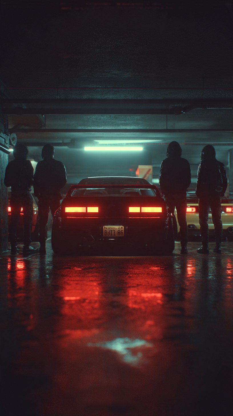 Four silhouetted figures around a dark coupe in a garage