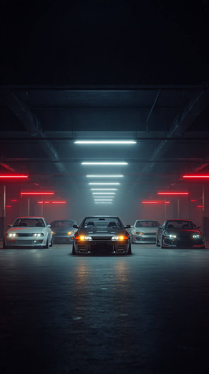Dark sports sedan leading a lineup of tuner cars in a garage