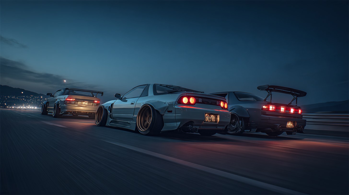 Silver widebody coupe with bronze wheels in a highway convoy at blue hour