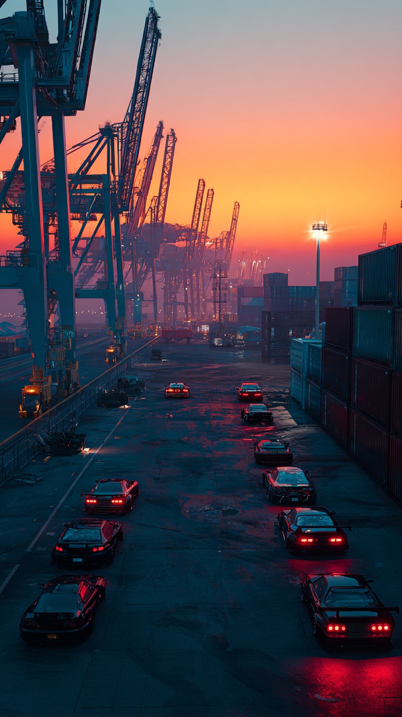 Convoy of cars driving through a harbor lot at sunset