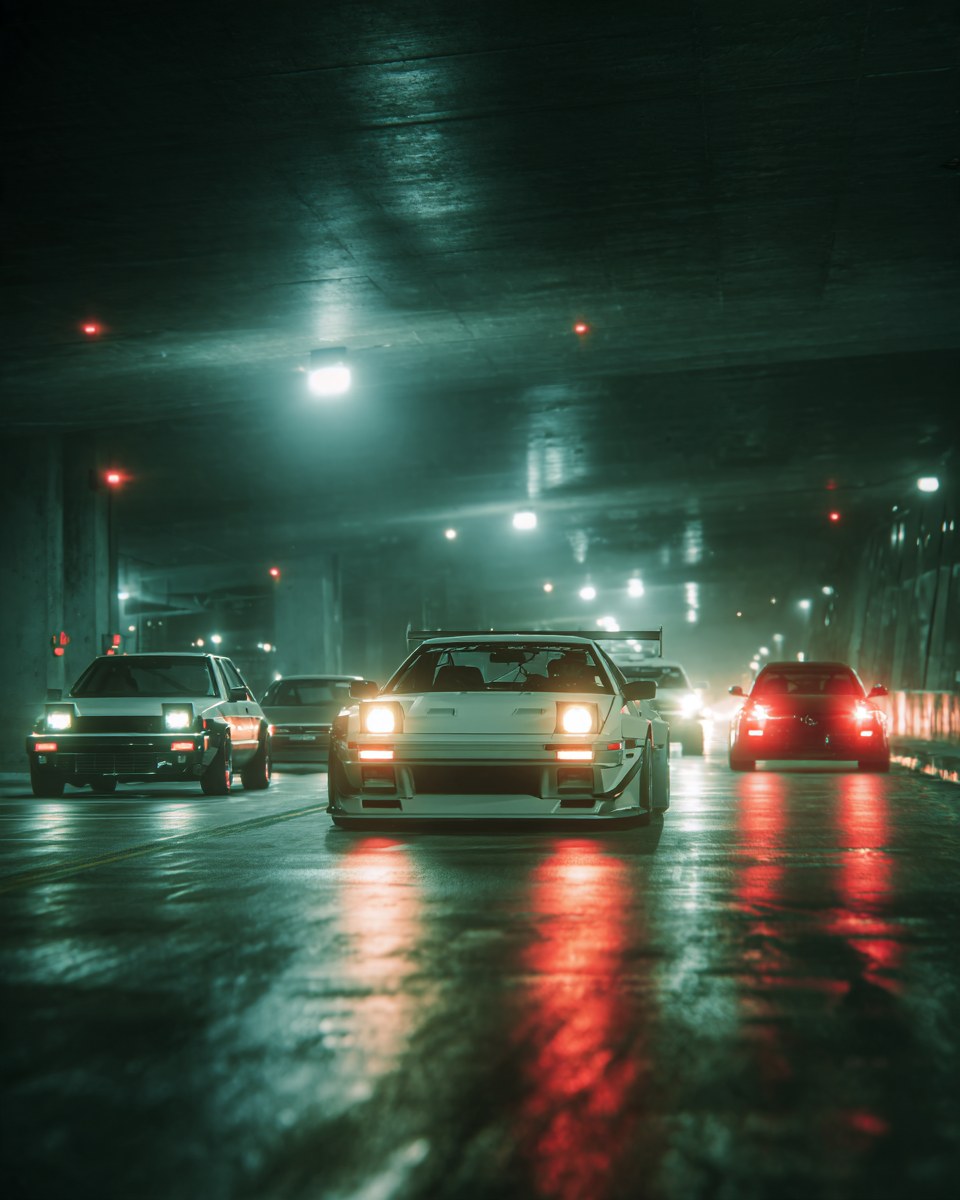 White pop-up-headlight coupe leading tuner cars under an overpass