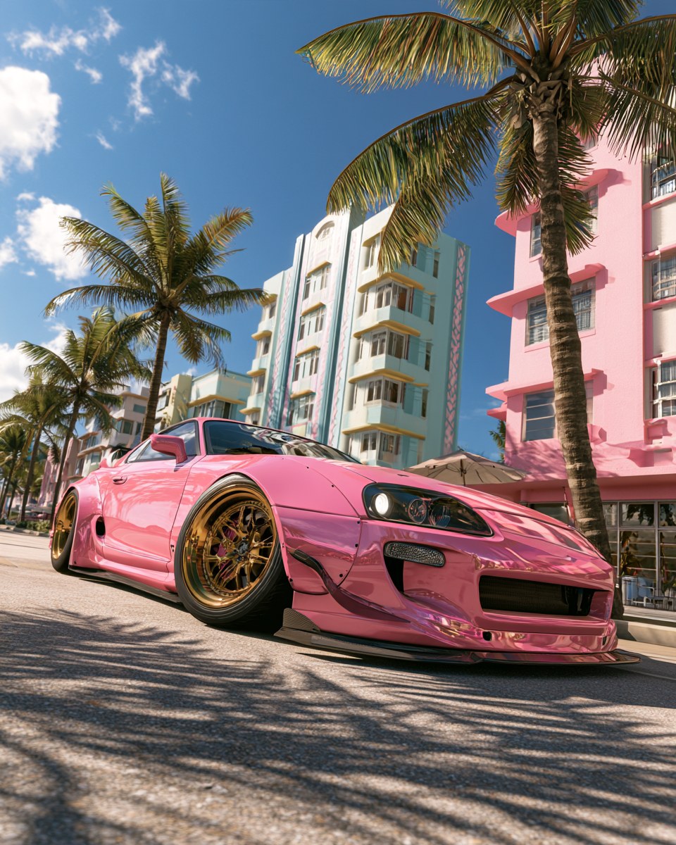 Pink widebody coupe on gold wheels parked under palms by deco buildings