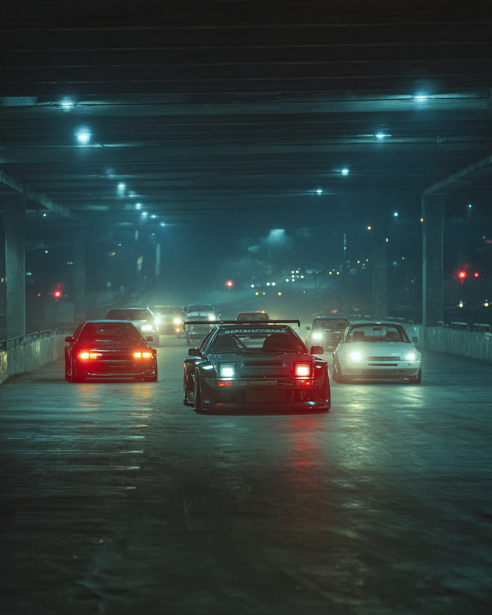 Black widebody coupe rolling in under a concrete overpass