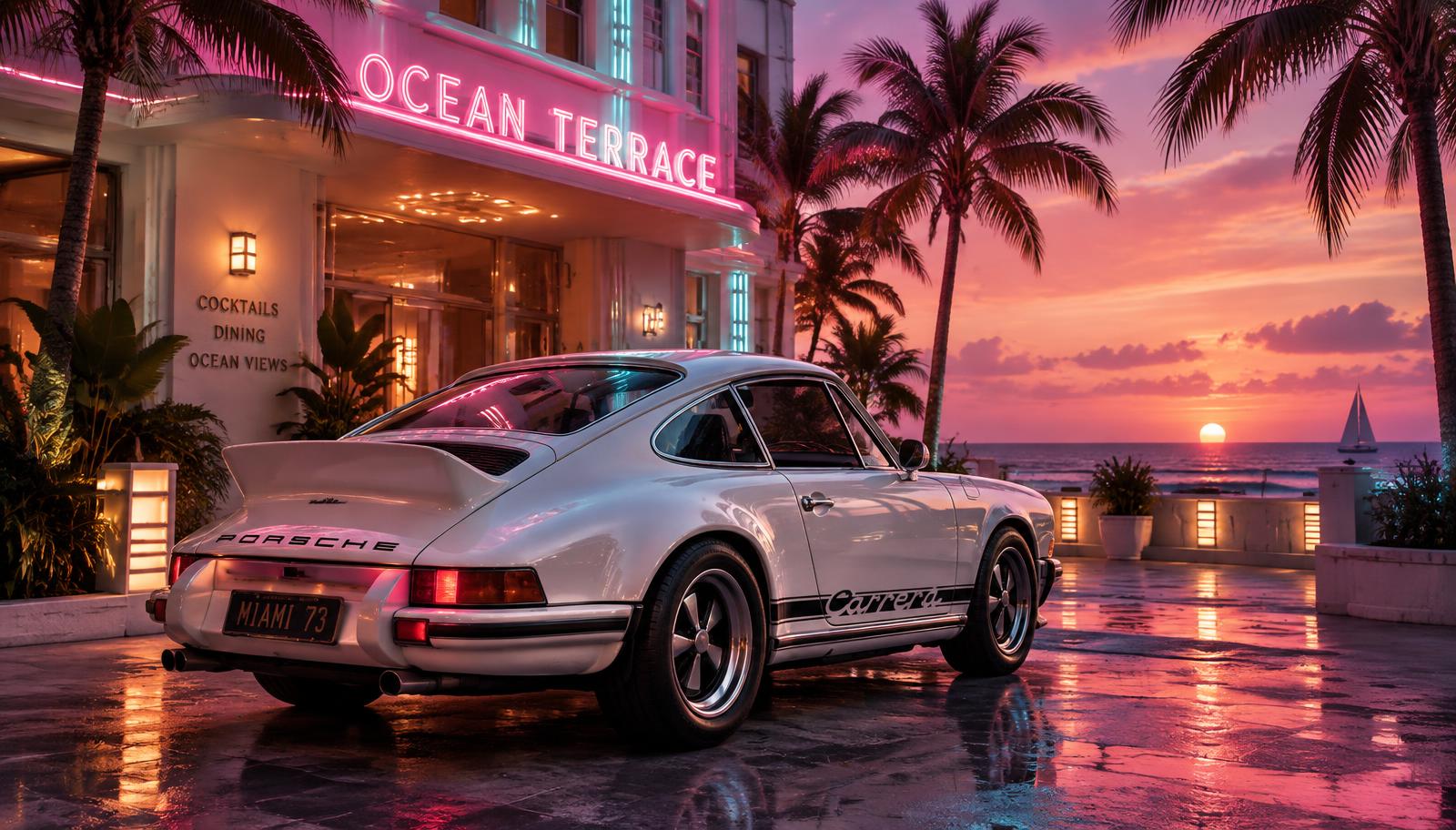 White retro sports coupe parked at sunset outside a pastel art deco beachfront terrace