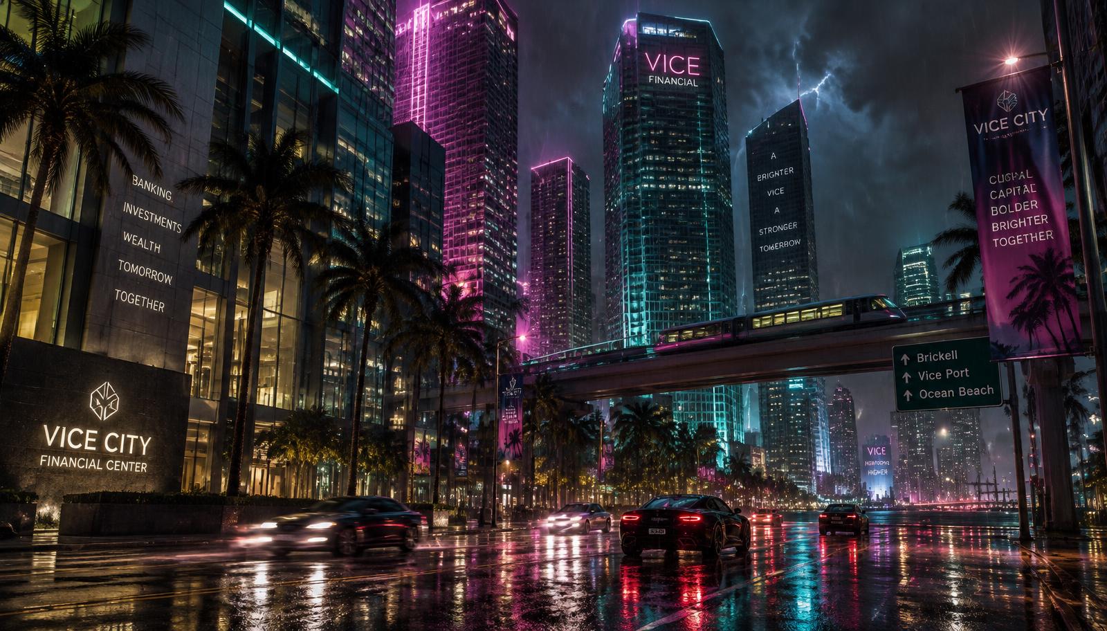 Rain-soaked downtown Vice City avenue at night beneath neon-lit glass towers