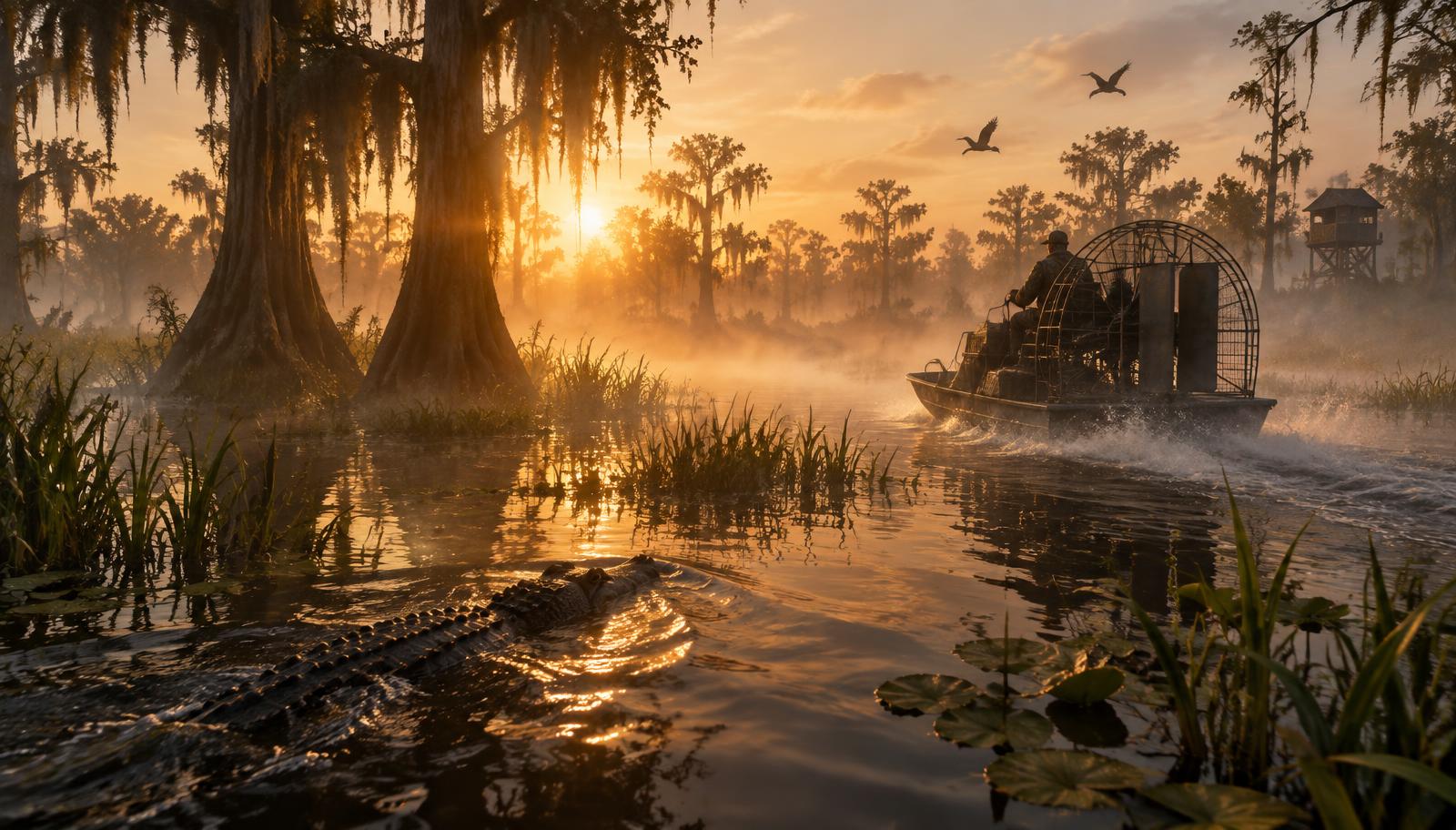 Misty cypress swamp at dawn with an airboat cutting through sawgrass