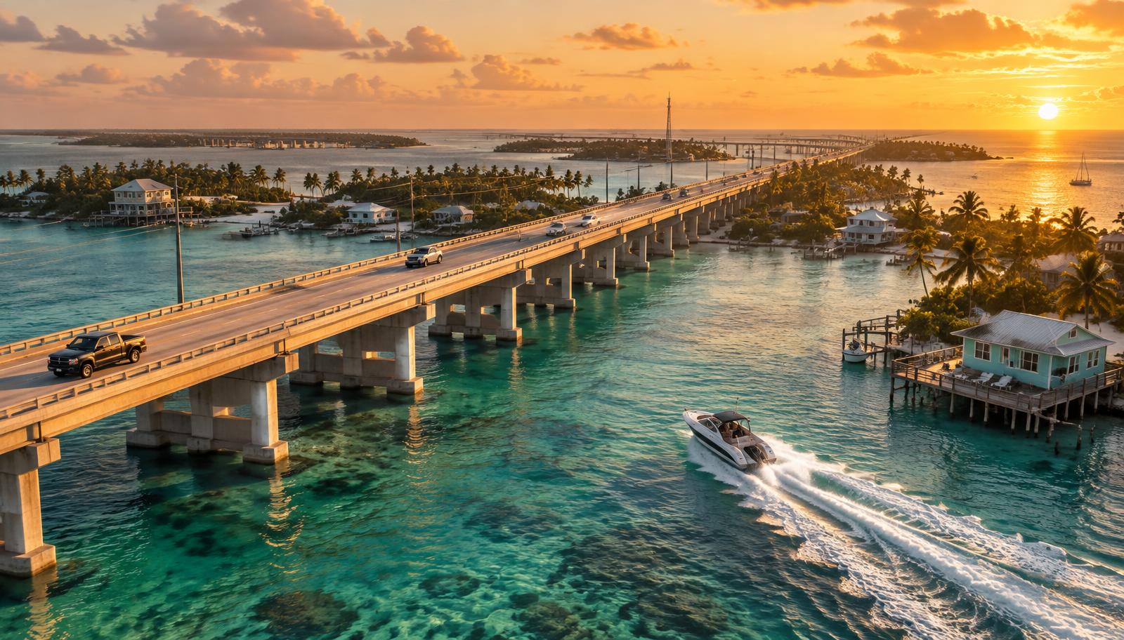 Overseas highway causeway over turquoise water with stilt houses and a speedboat