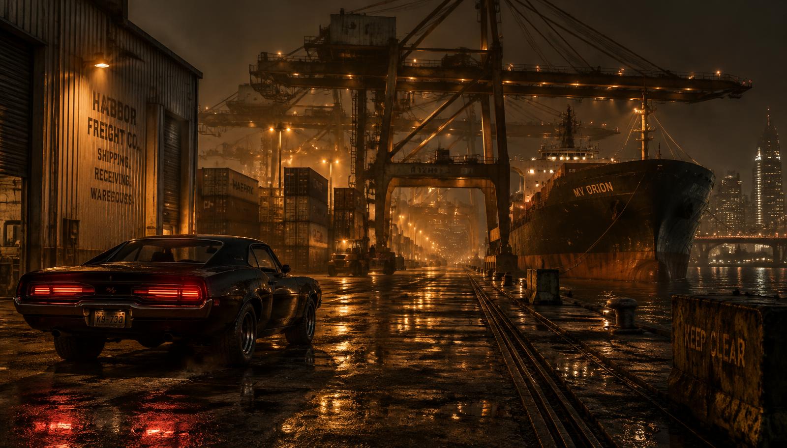 Night cargo port with container cranes, a freighter and a muscle car on wet asphalt