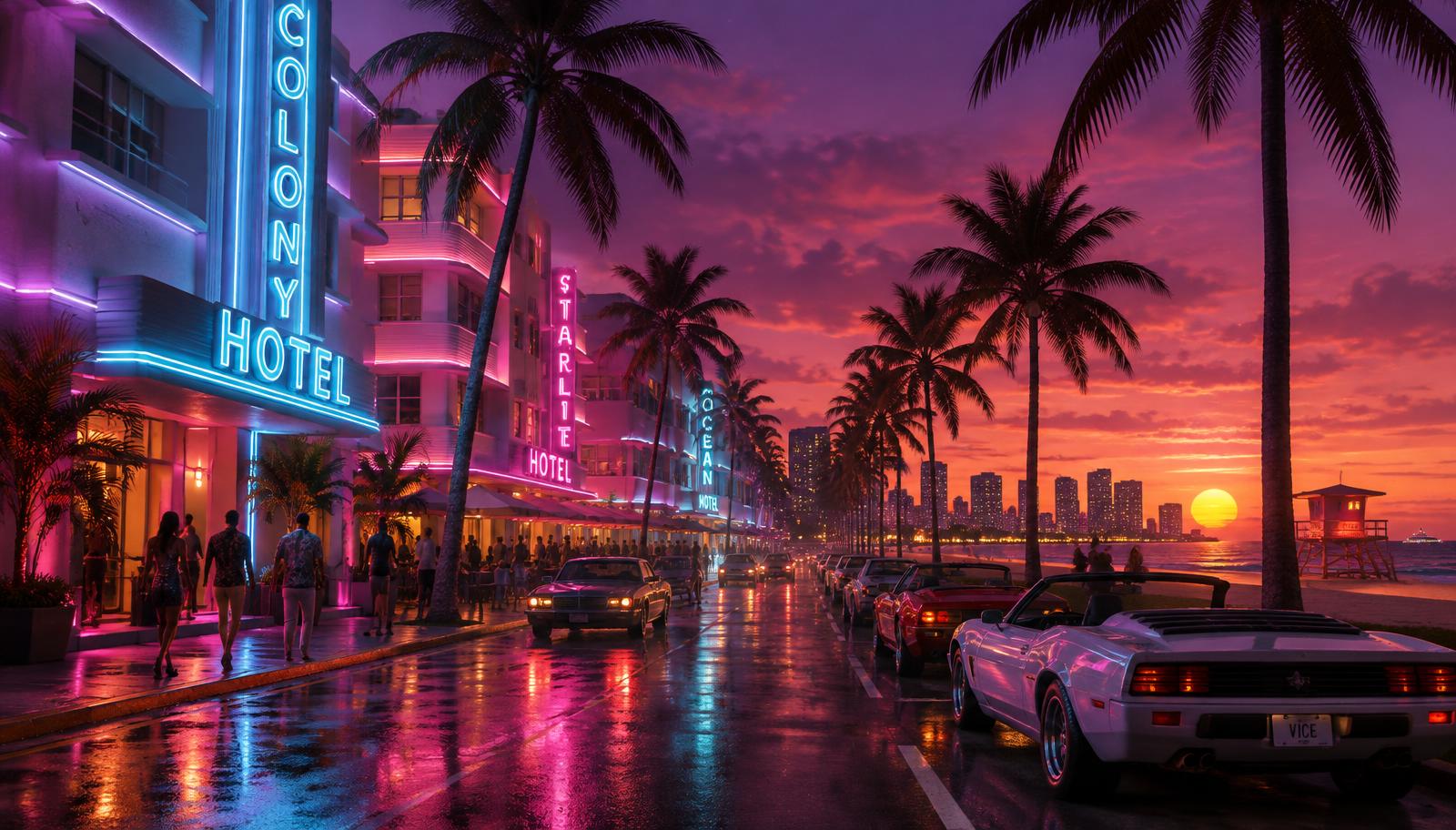 Neon art deco hotel strip on Ocean Drive at dusk with palms and parked convertibles