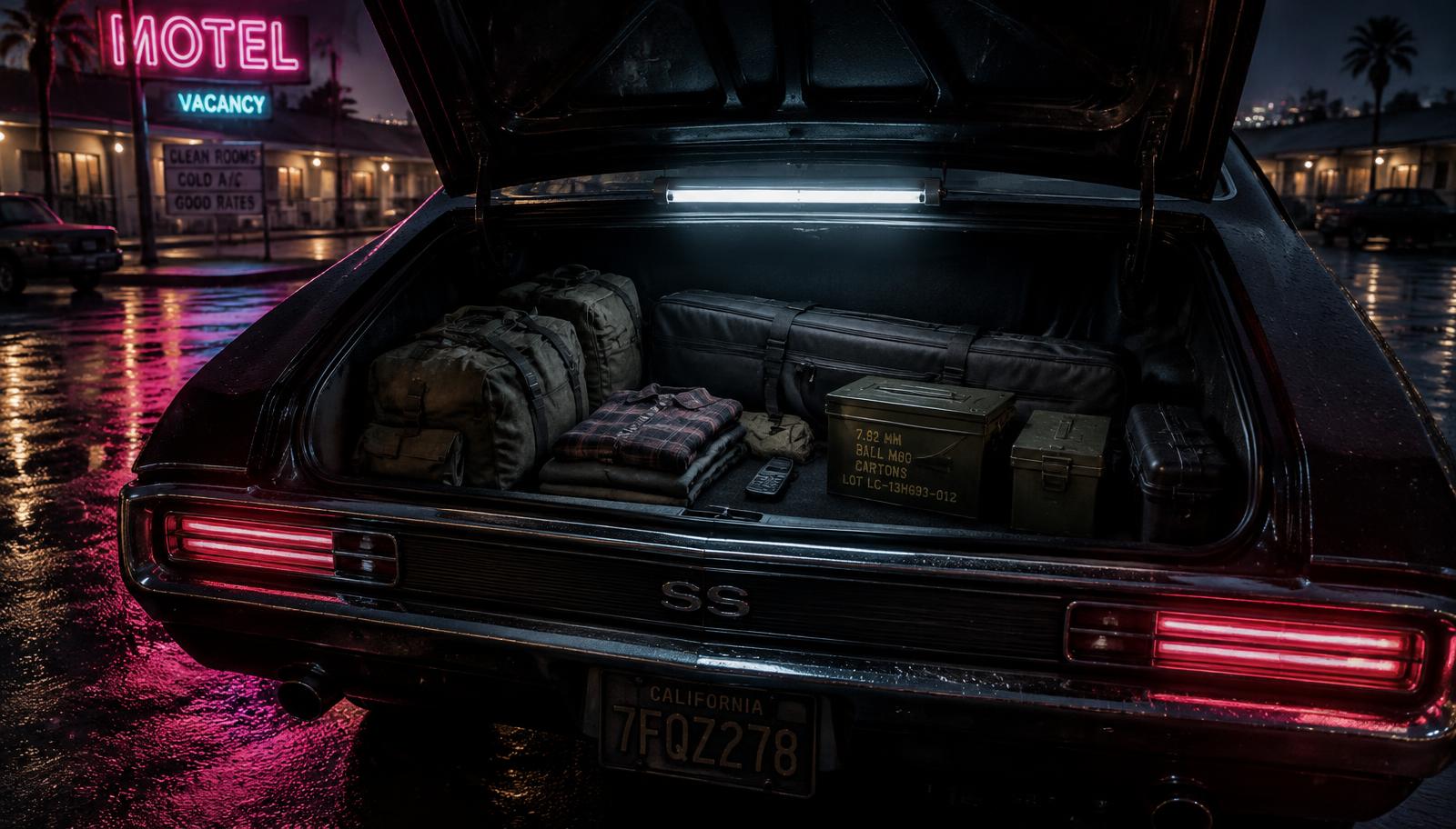 Open car trunk at night outside a neon motel, packed with duffel bags, a rifle case and a spare change of clothes