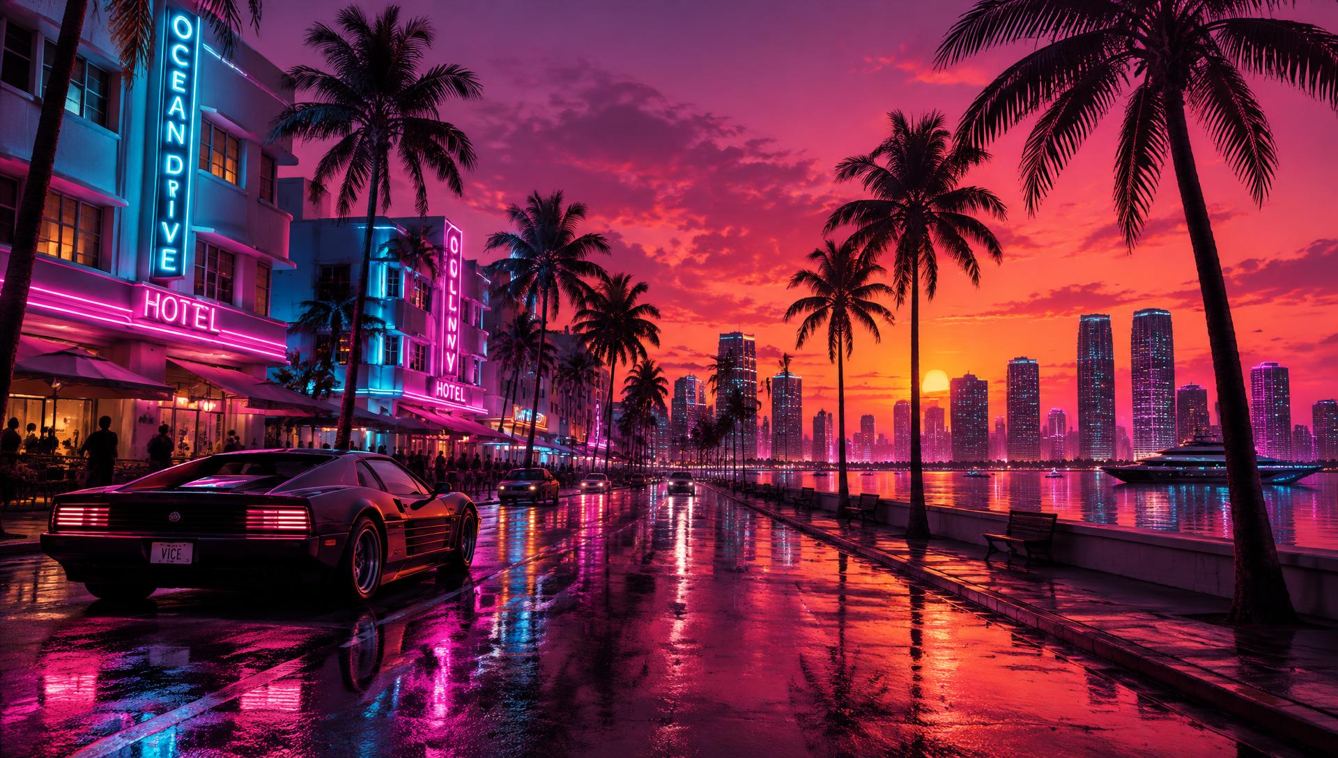 Neon Vice City waterfront at sunset