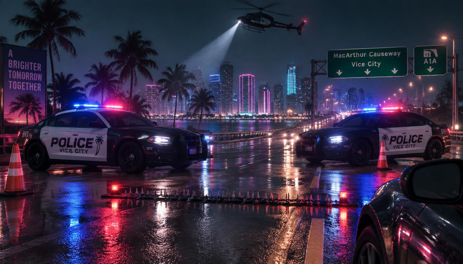 Night police roadblock across a rain-slick Vice City causeway with light bars flaring