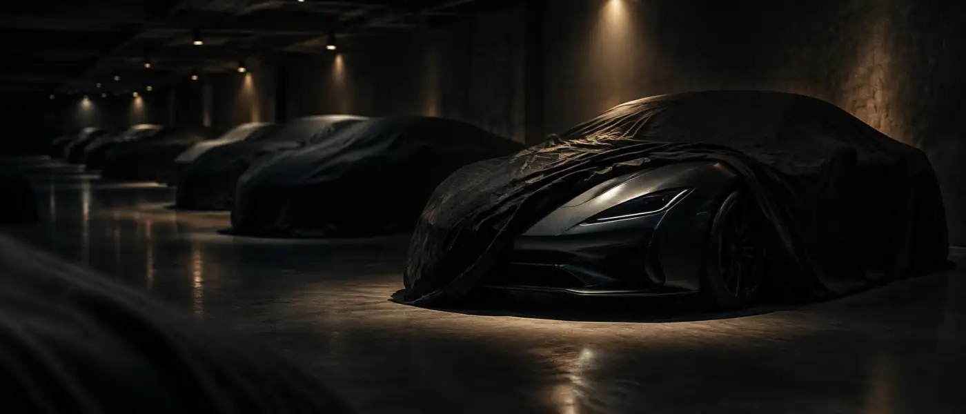 Illustration: a dim showroom of covered cars with one cover pulled back under a spotlight.