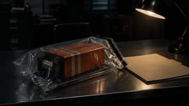 Illustration: a bagged black-box recorder and a case folder under a desk lamp in a dark office.