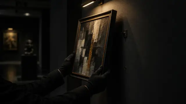 Illustration: a gloved hand taking a small painting off a wall in a dark gallery.