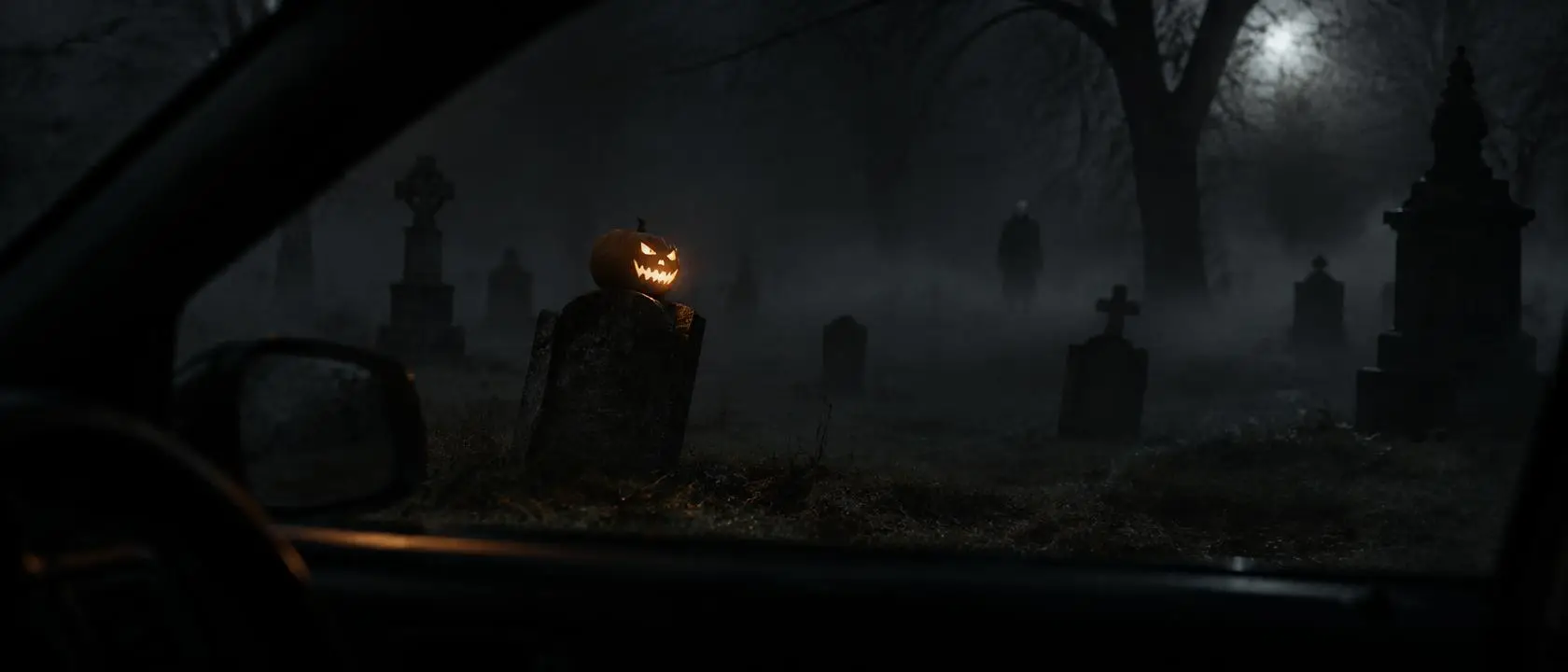 Illustration: a foggy night cemetery lit by one glowing carved pumpkin, with a masked silhouette in the distance.
