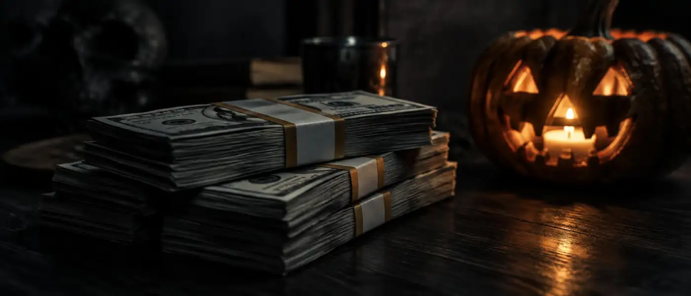 Illustration: stacks of banded cash on a dark table beside a glowing carved pumpkin.