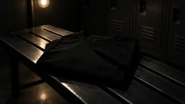 Illustration: a folded black T-shirt on a bench under a single warm bulb.