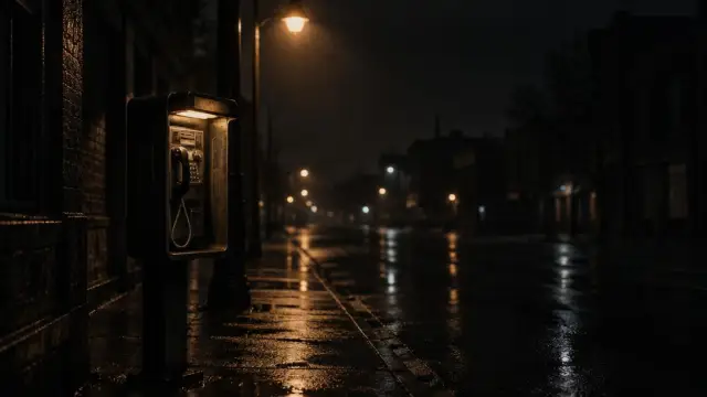 Illustration: a lit payphone under a streetlamp on an empty wet street at night.