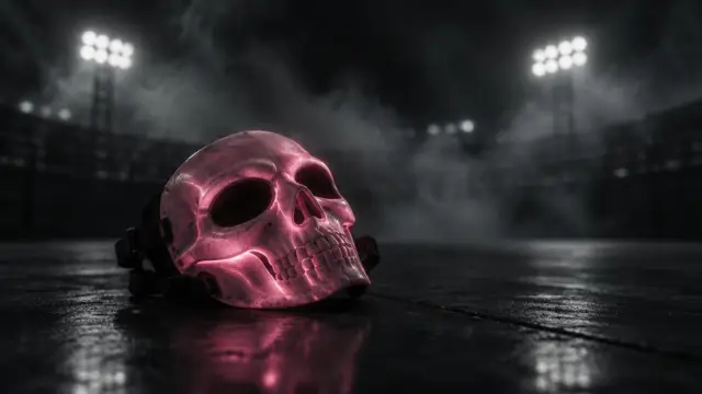 Illustration: a softly glowing pink skull mask on a dark smoky arena floor.