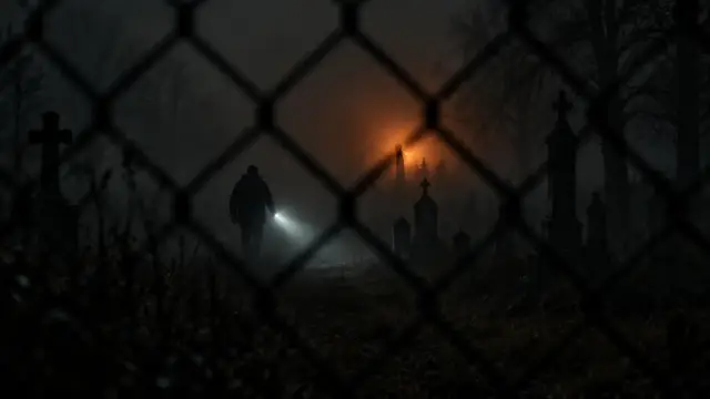 Illustration: a figure with a flashlight walking through a foggy cemetery, seen through a fence.