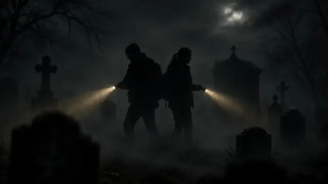 Illustration: two figures back to back with flashlights in a foggy graveyard.
